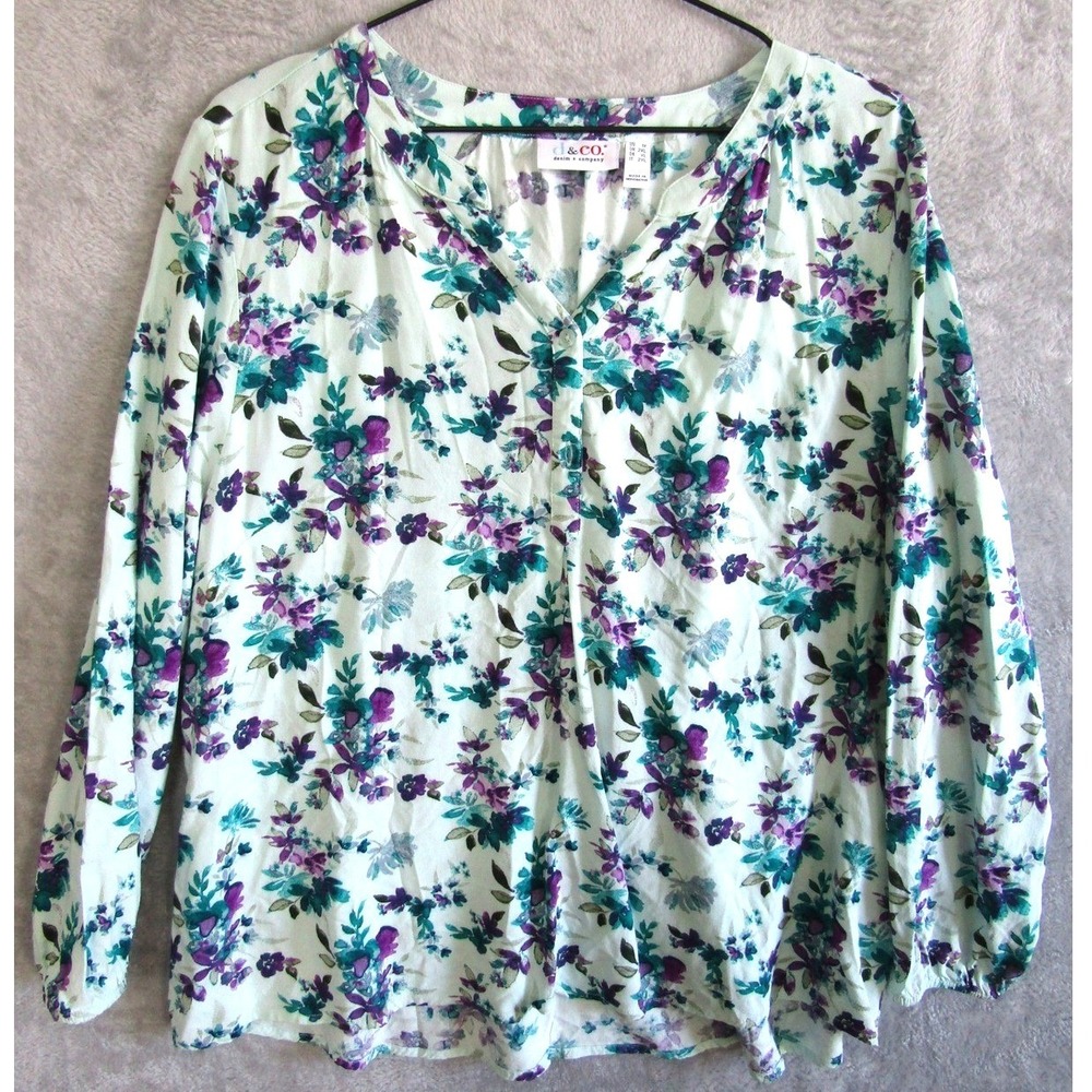 Denim Co Womens Plus Size 1X Floral Print V Neck Long Sleeve Blouse Top